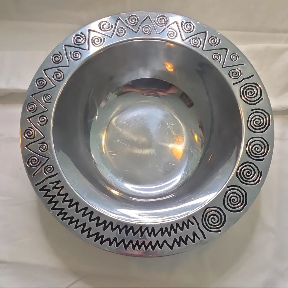 Wilton Armetale Serving Bowl & Salad Servers Set Silver Reggae Pattern